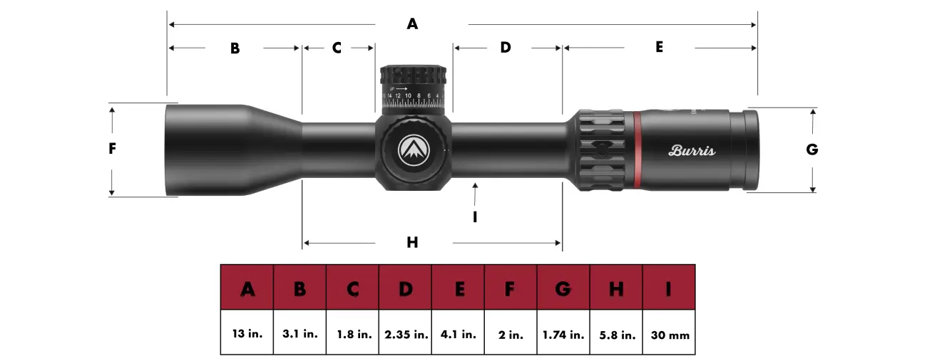 Burris Veracity PH 3-15x44 Zeichnung Zielfernrohr | einfach mit 1 Zoll = 25,4 mm umrechnen